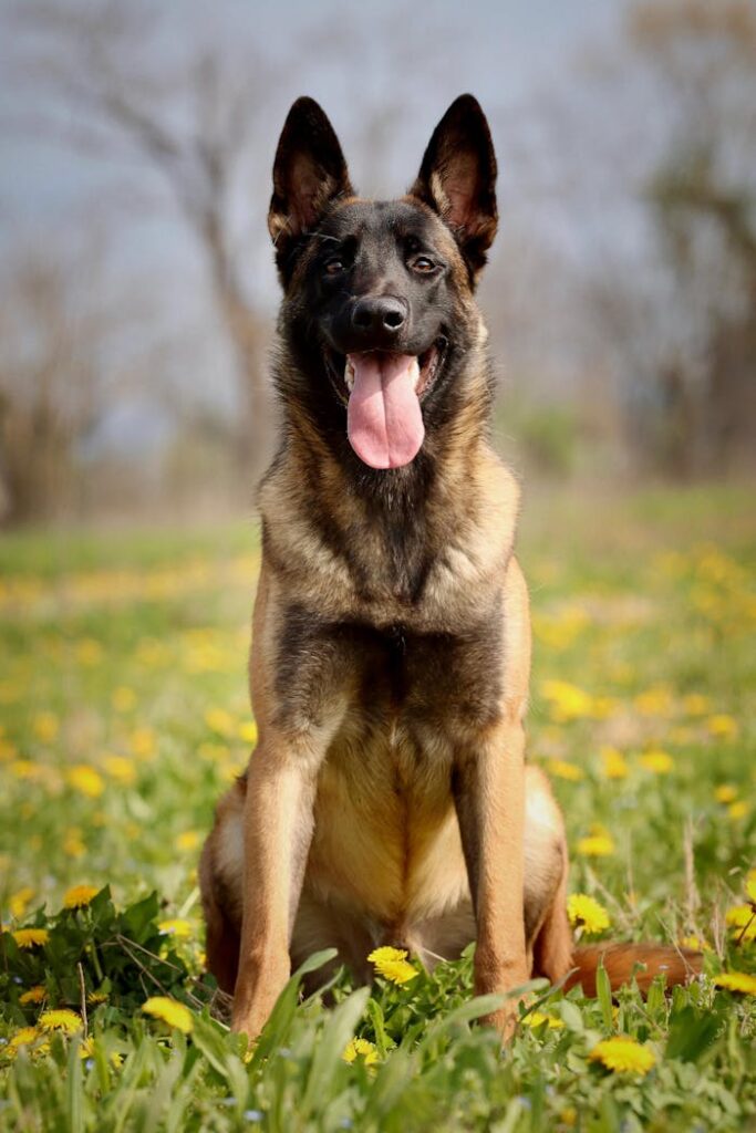 A Belgian Malinois sitting in a field of yellow flowers, tongue out, on a sunny day.